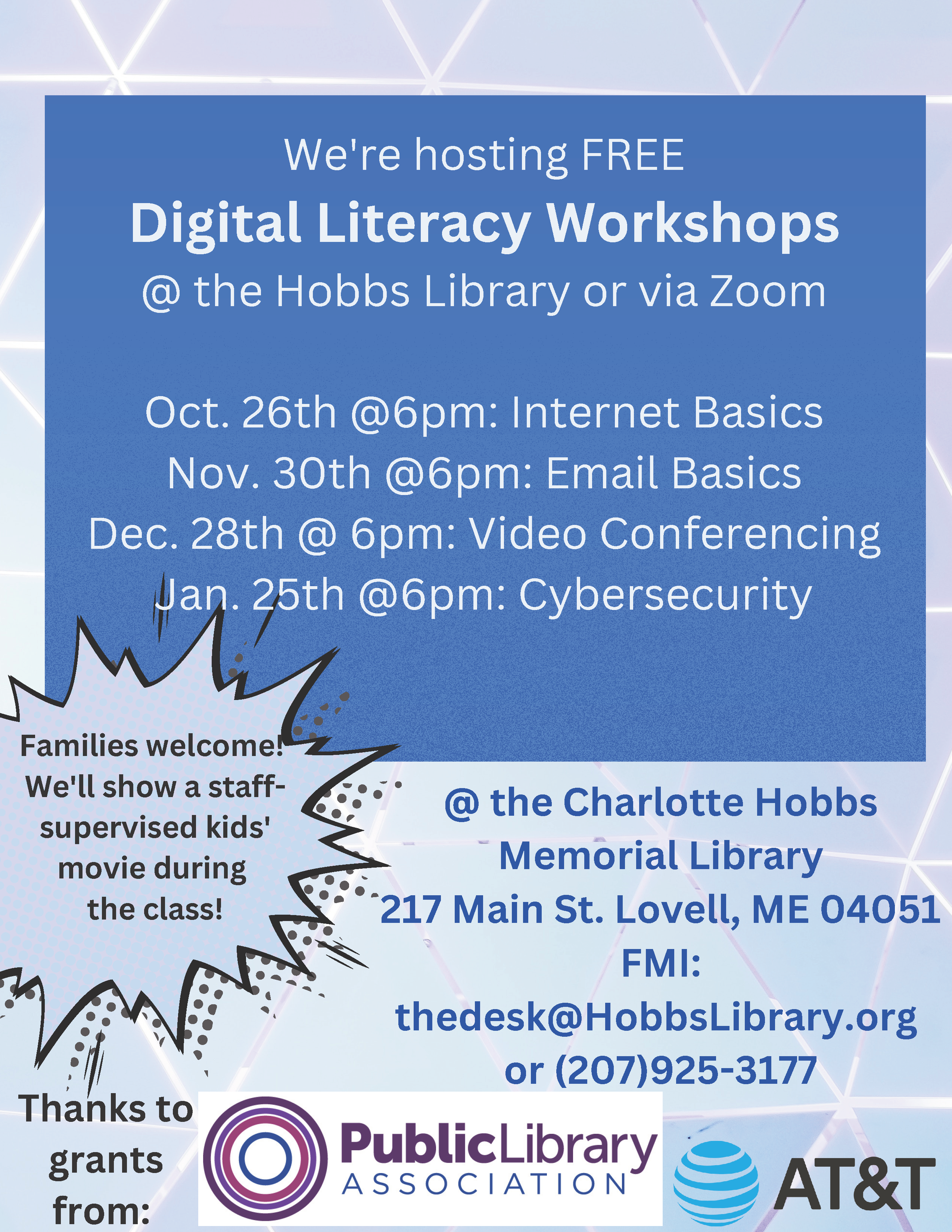 We're hosting FREE Digital Literacy Workshops @ the Hobbs Library or via Zoom