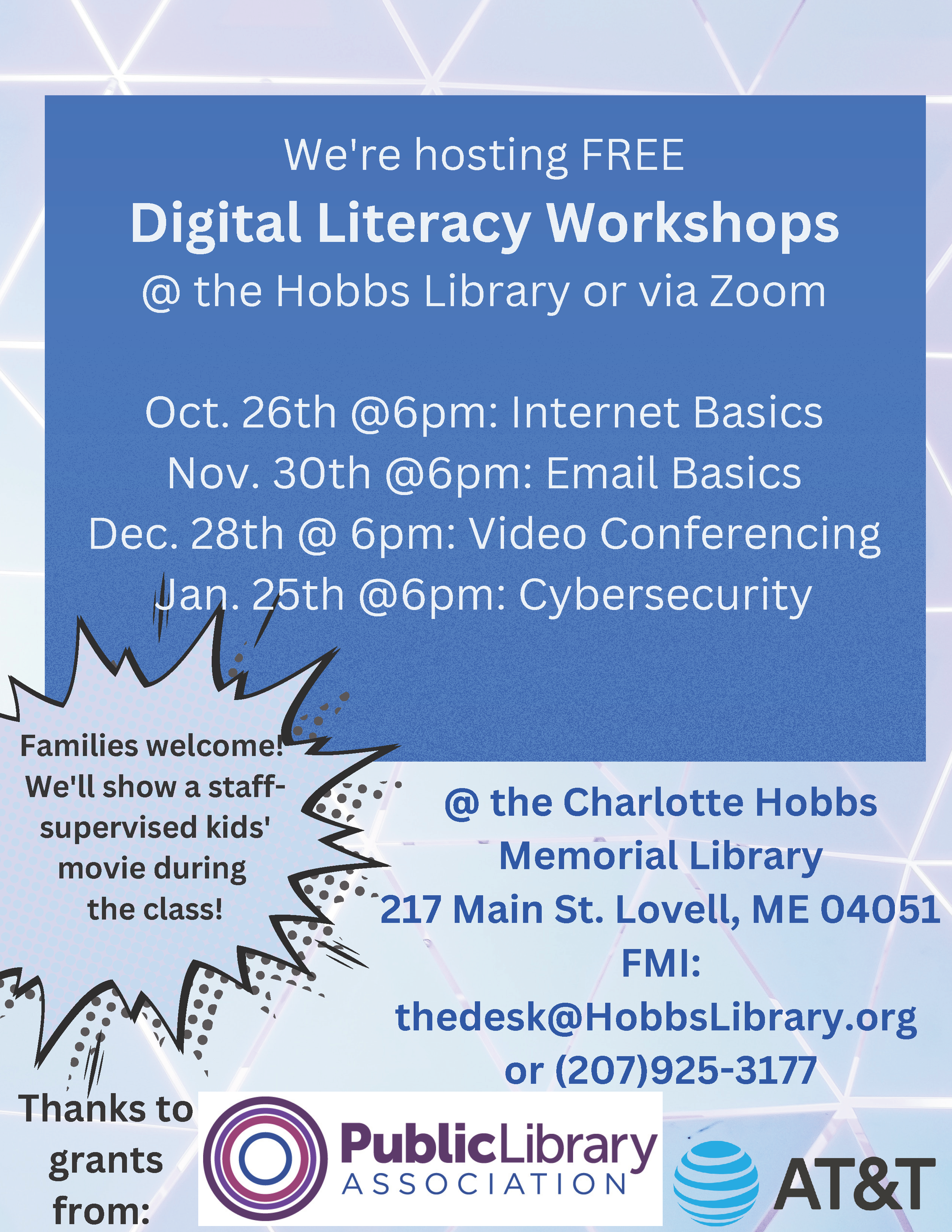 We're hosting FREE Digital Literacy Workshops @ the Hobbs Library or via Zoom We're hosting FREE Digital Literacy Workshops @ the Hobbs Library or via Zoom